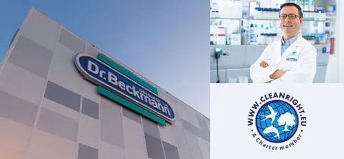 Dr. Beckmann office with logo, Dr. Beckmann, and logo of cleanright.eu household cleaning solutions Melchers Taiwan