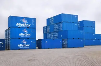 stacks of blue CHS containers Melchers Taiwan